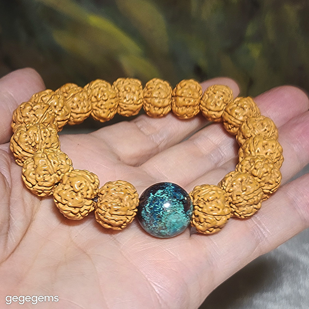 Premium 14mm+ 5 Mukhi (Faces) deep lines Tree King Double Dragons Panlong Rudraksha and 16.1mm Chrysocolla bracelet 五瓣深坑树王双龙盘龙小金刚菩提子配天然凤凰石手链