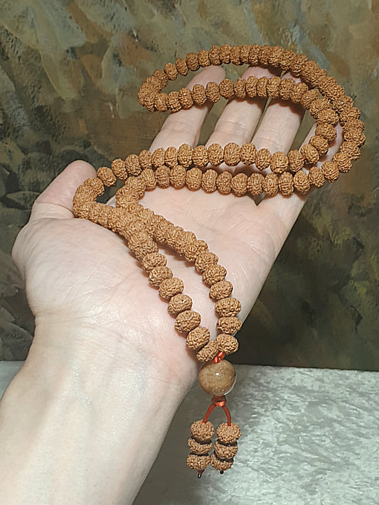 9.5mm 9-Mukhi (Faces) abacus shape Rudraksha with 14mm Yellow Jadeite 108 mala beads/necklace 9.5毫米九瓣飞碟小金刚菩提配14毫米黄翡108念珠/项链