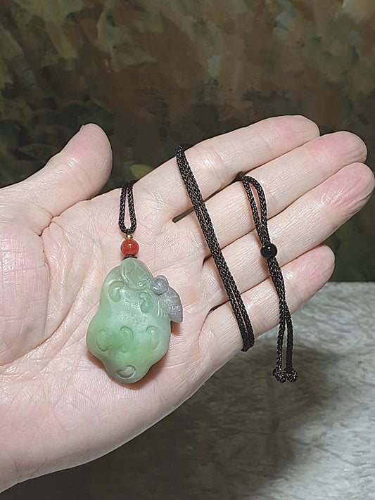 Rare premium Nephrite light green foliage green & smoky lavender bicolor Frog on Lotus Pod &  Copper Coin pendant (with certificate) [Natural Crystal] 优质和田玉罕见淡绿带翠烟紫双色莲蓬青蛙铜钱吊坠(带证书)