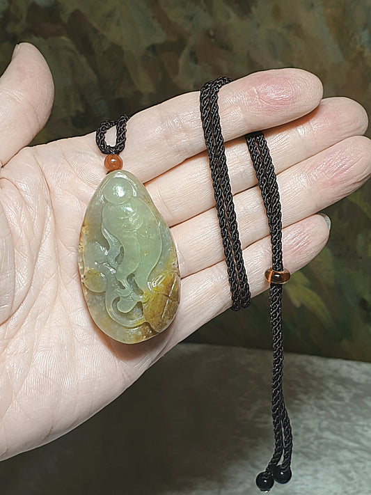 Hetian Pebble Nephrite with raw "Jade Skin" light green hand carved Ginseng, Ruyi and Coin pendant (with certificate) 和田玉籽玉天然褐黄皮淡青绿手工雕刻人生(参)如意吊坠(带证书)