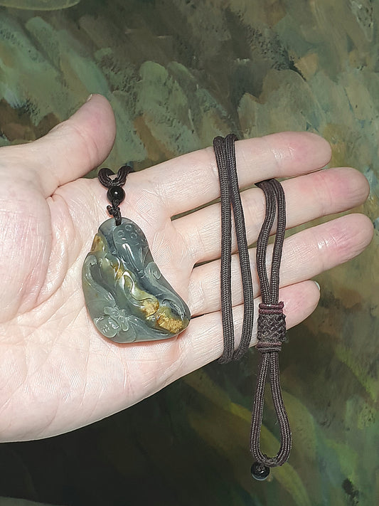 Hetian Pebble Nephrite with yellowish "Jade Skin" light green light greyish hand carved Bat, Lotus Leaf & Lotus Pod pendant (with certificate) 和田玉籽玉天然褐黄皮淡青淡灰手工雕刻蝙蝠莲叶莲蓬吊坠(带证书)