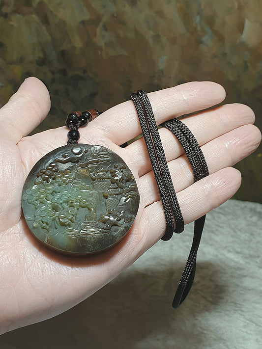 Premium Nephrite deep caramel brown light green Ancient Landscape large Jade pendant/handheld (with certificate) [Natural Crystal] 和田玉且末淡青绿老褐糖大山水吊坠/手把(带证书)