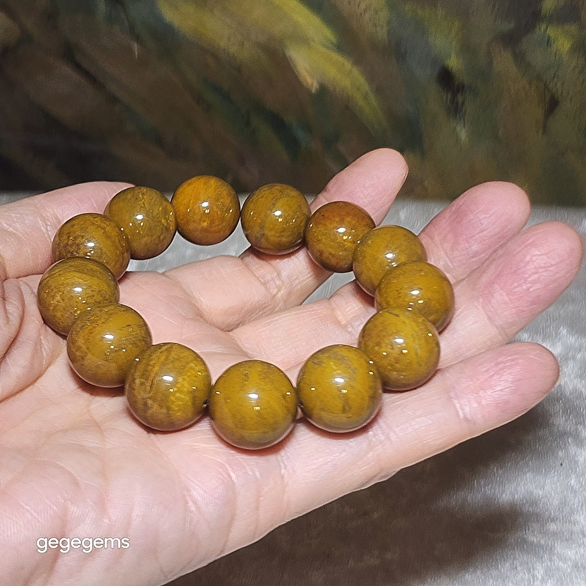 Gegegems Collection 16mm Premium Madagascar Petrified Wood brownish yellow natural pattern bracelet [Natural Crystal] 精品16毫米马达加斯加木化石褐黄天然木纹手链