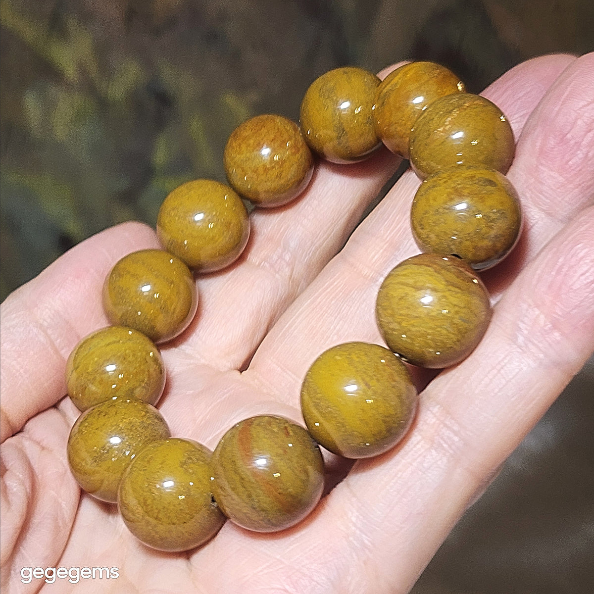 Gegegems Collection 16mm Premium Madagascar Petrified Wood brownish yellow natural pattern bracelet [Natural Crystal] 精品16毫米马达加斯加木化石褐黄天然木纹手链
