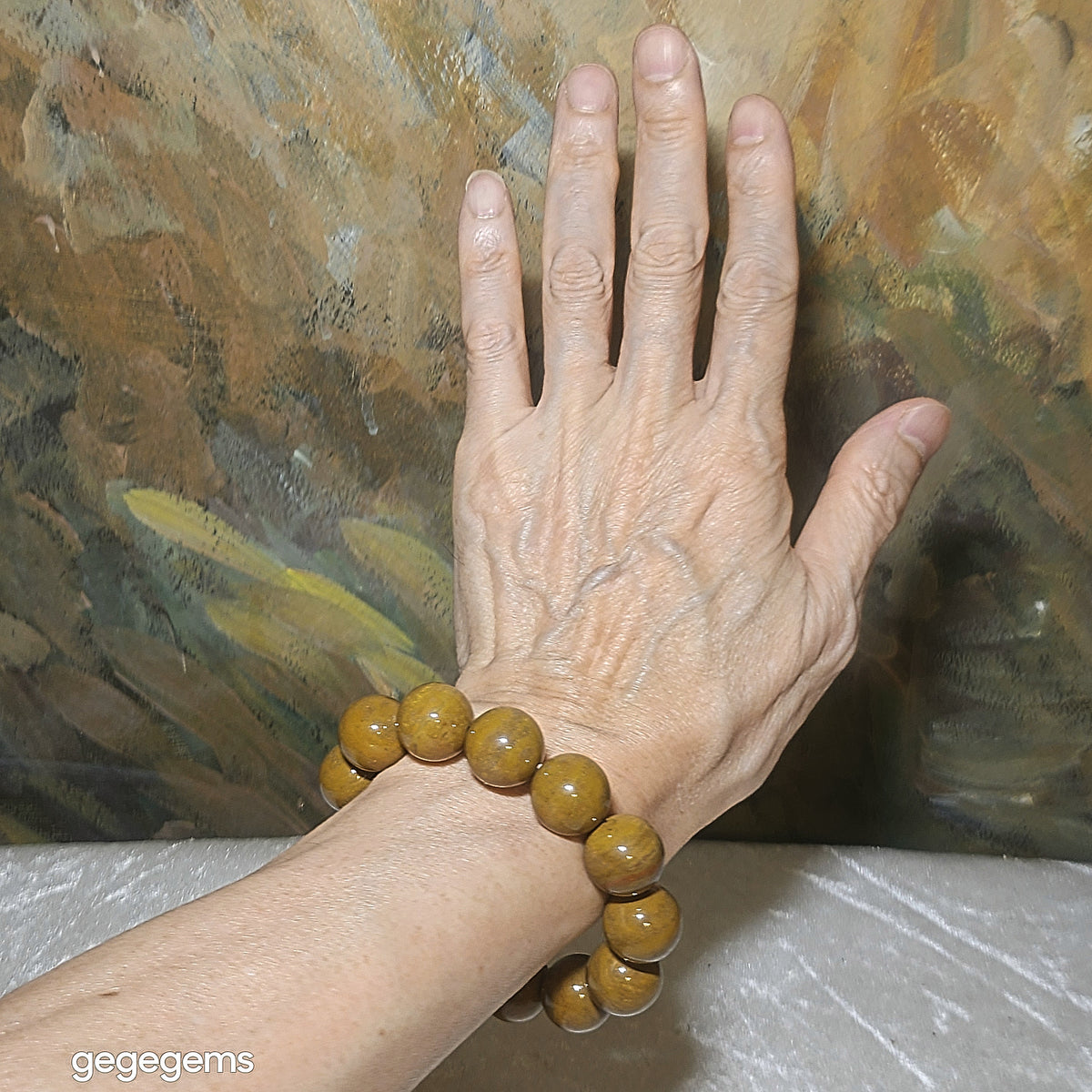Gegegems Collection 16mm Premium Madagascar Petrified Wood brownish yellow natural pattern bracelet [Natural Crystal] 精品16毫米马达加斯加木化石褐黄天然木纹手链