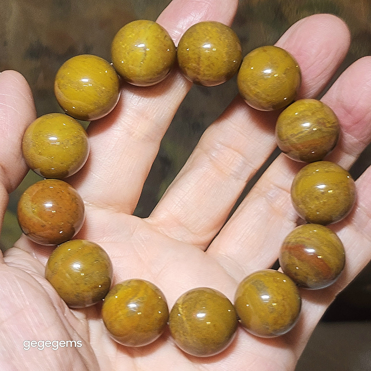 Gegegems Collection 16mm Premium Madagascar Petrified Wood brownish yellow natural pattern bracelet [Natural Crystal] 精品16毫米马达加斯加木化石褐黄天然木纹手链