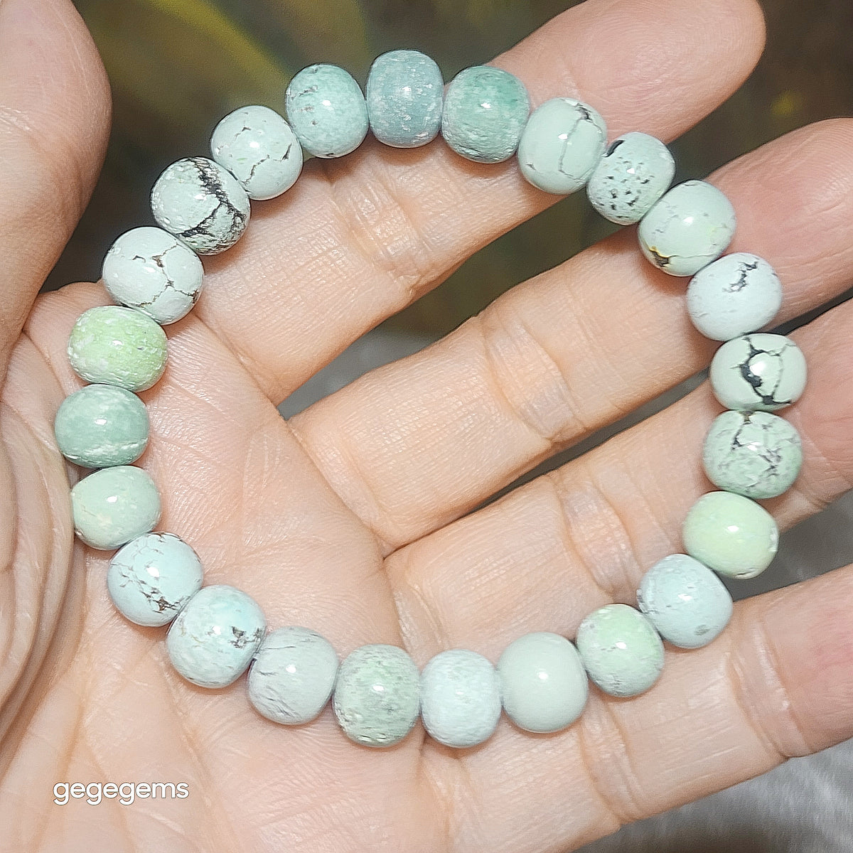 9mm+ Premium natural untreated Hubei Turquoise light blue green traditional old style beads bracelet [Natural Crystal] 优质天然原矿湖北松石浅蓝绿老型珠手链