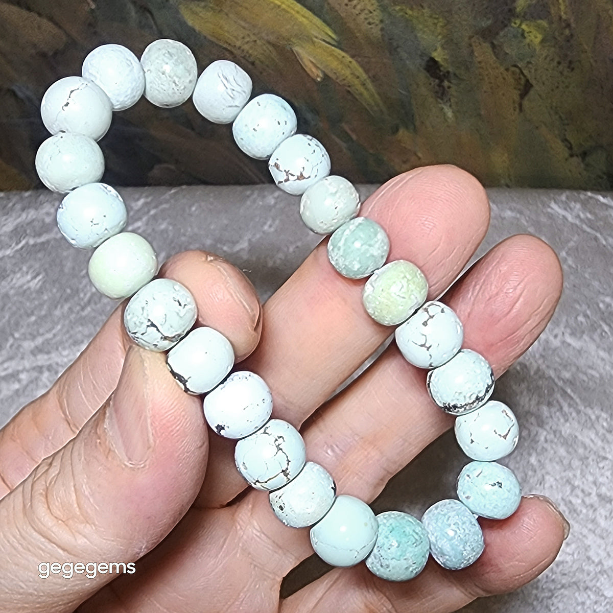9mm+ Premium natural untreated Hubei Turquoise light blue green traditional old style beads bracelet [Natural Crystal] 优质天然原矿湖北松石浅蓝绿老型珠手链