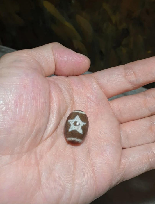 Aged Tibetan Xang Xung (Zhang Zhung) Sun Moon and Star Da Luo Dzi with red spots pendant (with certificate, free necklace cord) 西藏老矿象雄满朱砂日月星达洛天珠(带证书送项链绳)