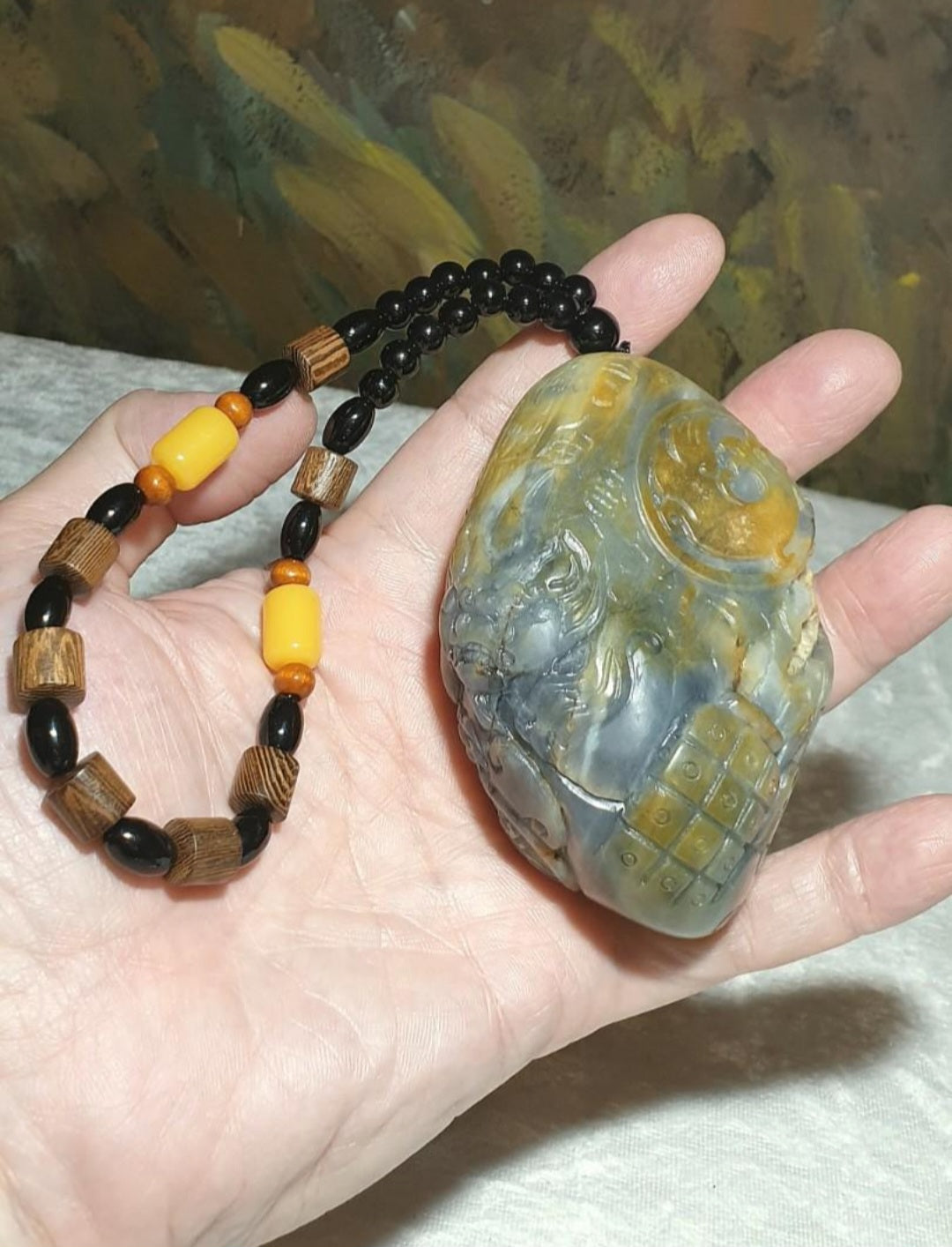 Hetian Qinghua Pebble Nephrite with yellowish oxidization Dragon, Phoenix, Pi Xiu, Ancient Coin and Ancient Chinese Characters Jade handheld piece (with certificate) [Natural Crystal] 和田玉青花籽玉黄沁皮龙风貔貅篆体千字文大手把件(带证书)《千字文》天地玄黄 宇宙洪荒
