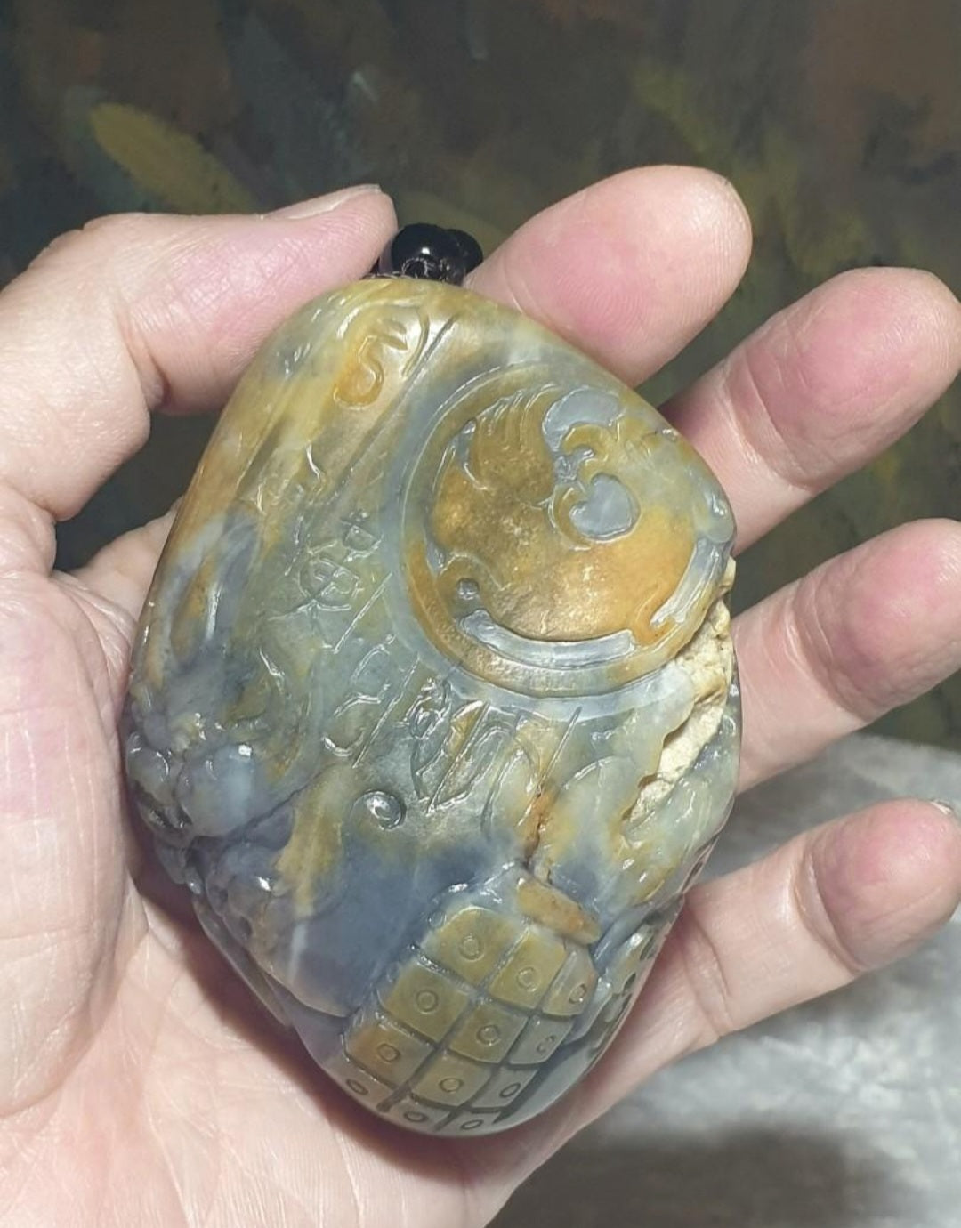 Hetian Qinghua Pebble Nephrite with yellowish oxidization Dragon, Phoenix, Pi Xiu, Ancient Coin and Ancient Chinese Characters Jade handheld piece (with certificate) [Natural Crystal] 和田玉青花籽玉黄沁皮龙风貔貅篆体千字文大手把件(带证书)《千字文》天地玄黄 宇宙洪荒