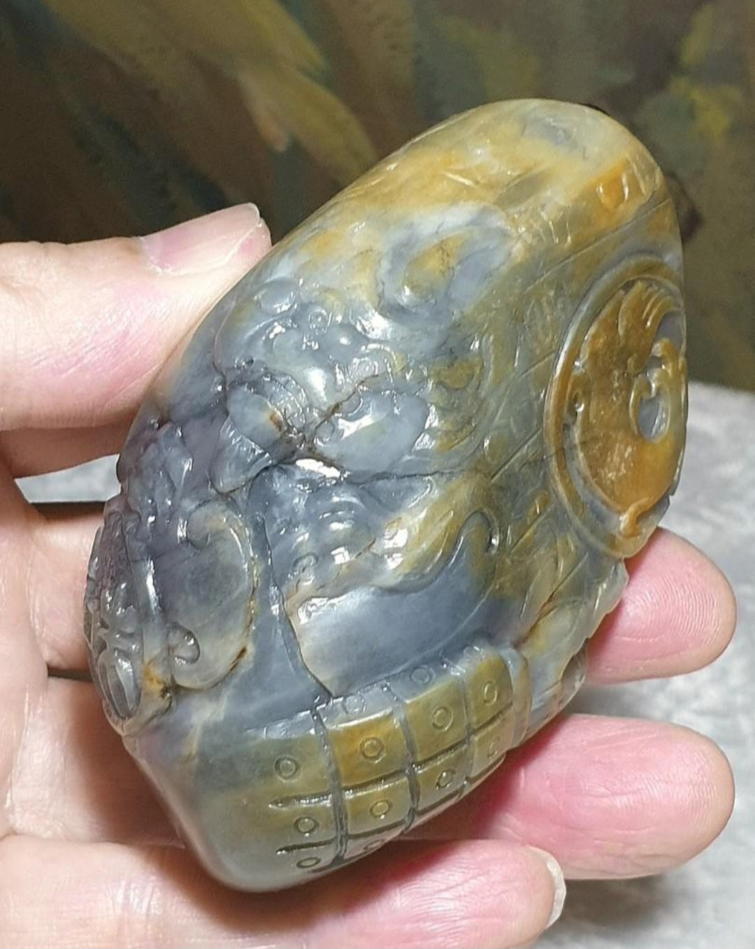Hetian Qinghua Pebble Nephrite with yellowish oxidization Dragon, Phoenix, Pi Xiu, Ancient Coin and Ancient Chinese Characters Jade handheld piece (with certificate) [Natural Crystal] 和田玉青花籽玉黄沁皮龙风貔貅篆体千字文大手把件(带证书)《千字文》天地玄黄 宇宙洪荒
