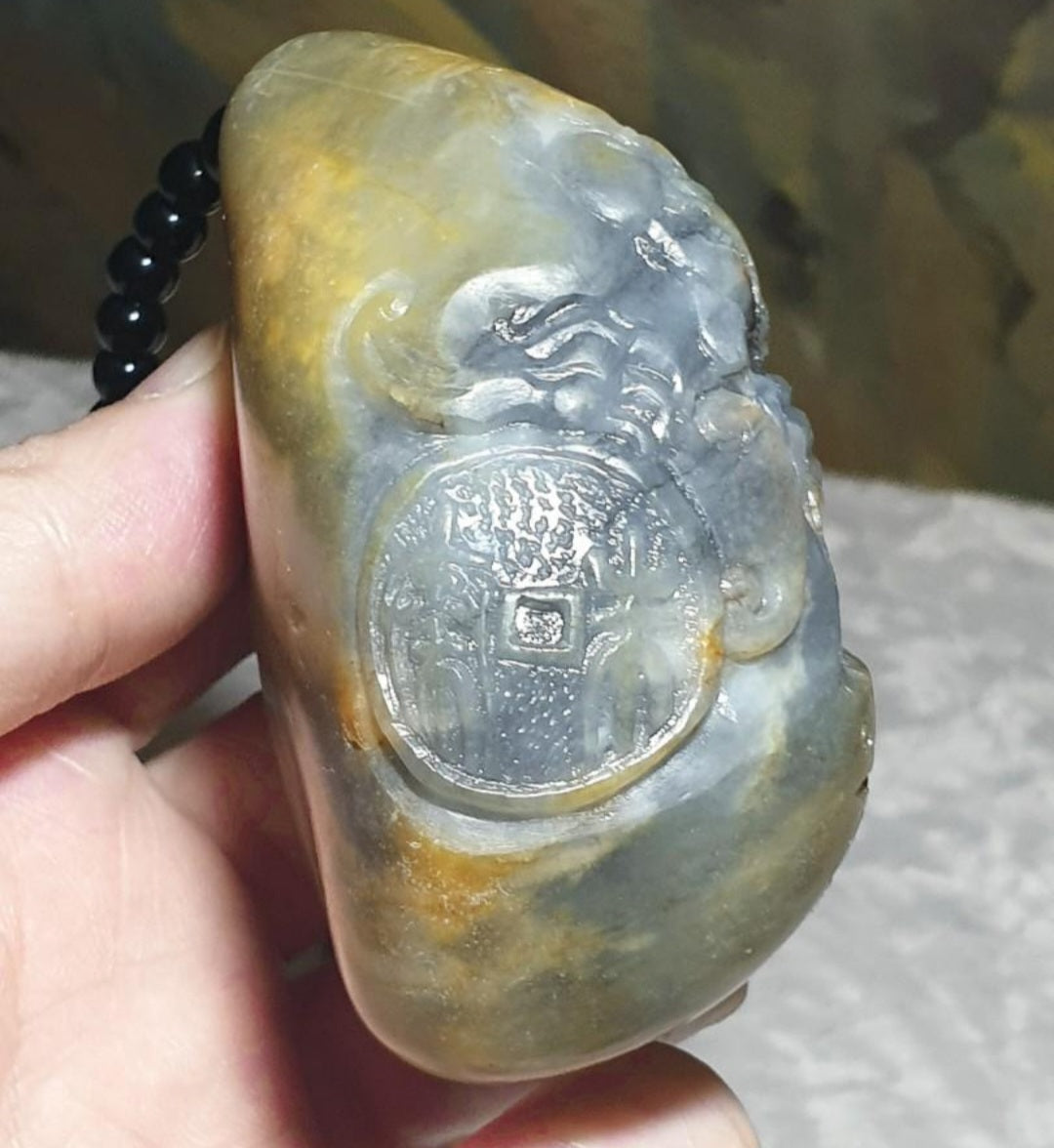 Hetian Qinghua Pebble Nephrite with yellowish oxidization Dragon, Phoenix, Pi Xiu, Ancient Coin and Ancient Chinese Characters Jade handheld piece (with certificate) [Natural Crystal] 和田玉青花籽玉黄沁皮龙风貔貅篆体千字文大手把件(带证书)《千字文》天地玄黄 宇宙洪荒