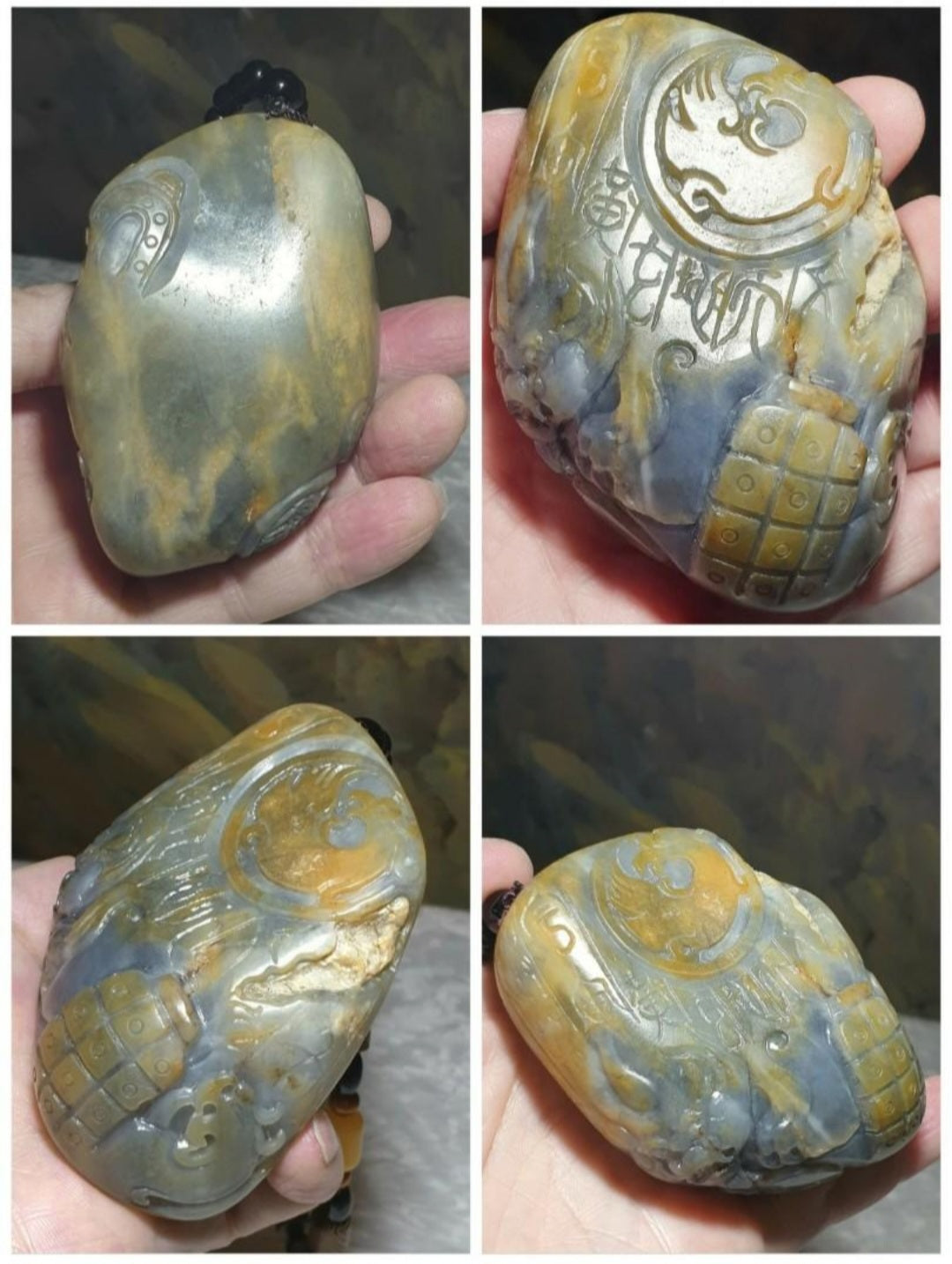 Hetian Qinghua Pebble Nephrite with yellowish oxidization Dragon, Phoenix, Pi Xiu, Ancient Coin and Ancient Chinese Characters Jade handheld piece (with certificate) [Natural Crystal] 和田玉青花籽玉黄沁皮龙风貔貅篆体千字文大手把件(带证书)《千字文》天地玄黄 宇宙洪荒