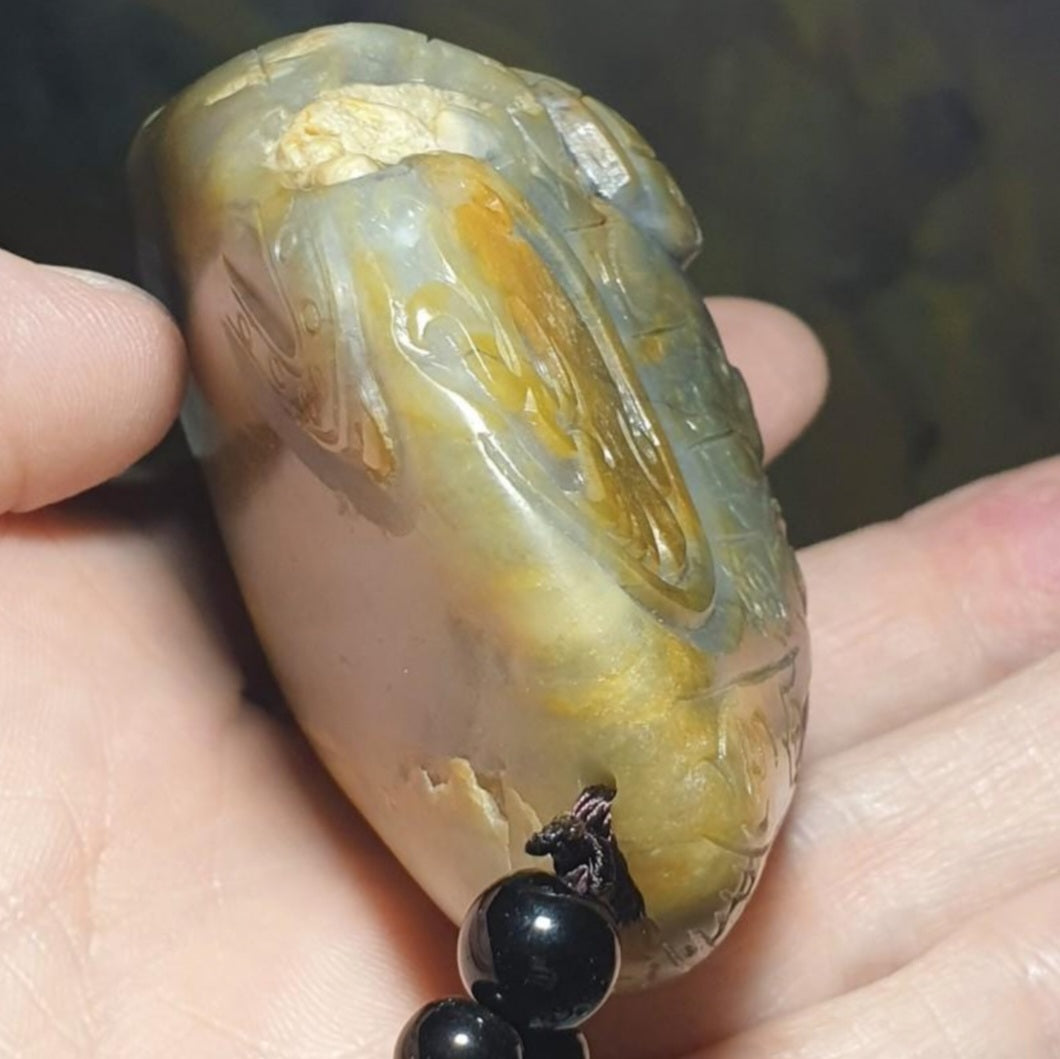 Hetian Qinghua Pebble Nephrite with yellowish oxidization Dragon, Phoenix, Pi Xiu, Ancient Coin and Ancient Chinese Characters Jade handheld piece (with certificate) [Natural Crystal] 和田玉青花籽玉黄沁皮龙风貔貅篆体千字文大手把件(带证书)《千字文》天地玄黄 宇宙洪荒