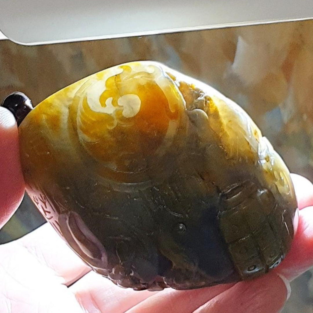 Hetian Qinghua Pebble Nephrite with yellowish oxidization Dragon, Phoenix, Pi Xiu, Ancient Coin and Ancient Chinese Characters Jade handheld piece (with certificate) [Natural Crystal] 和田玉青花籽玉黄沁皮龙风貔貅篆体千字文大手把件(带证书)《千字文》天地玄黄 宇宙洪荒