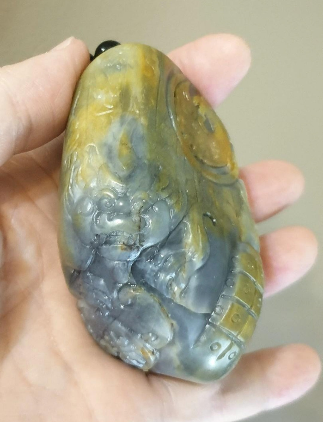 Hetian Qinghua Pebble Nephrite with yellowish oxidization Dragon, Phoenix, Pi Xiu, Ancient Coin and Ancient Chinese Characters Jade handheld piece (with certificate) [Natural Crystal] 和田玉青花籽玉黄沁皮龙风貔貅篆体千字文大手把件(带证书)《千字文》天地玄黄 宇宙洪荒