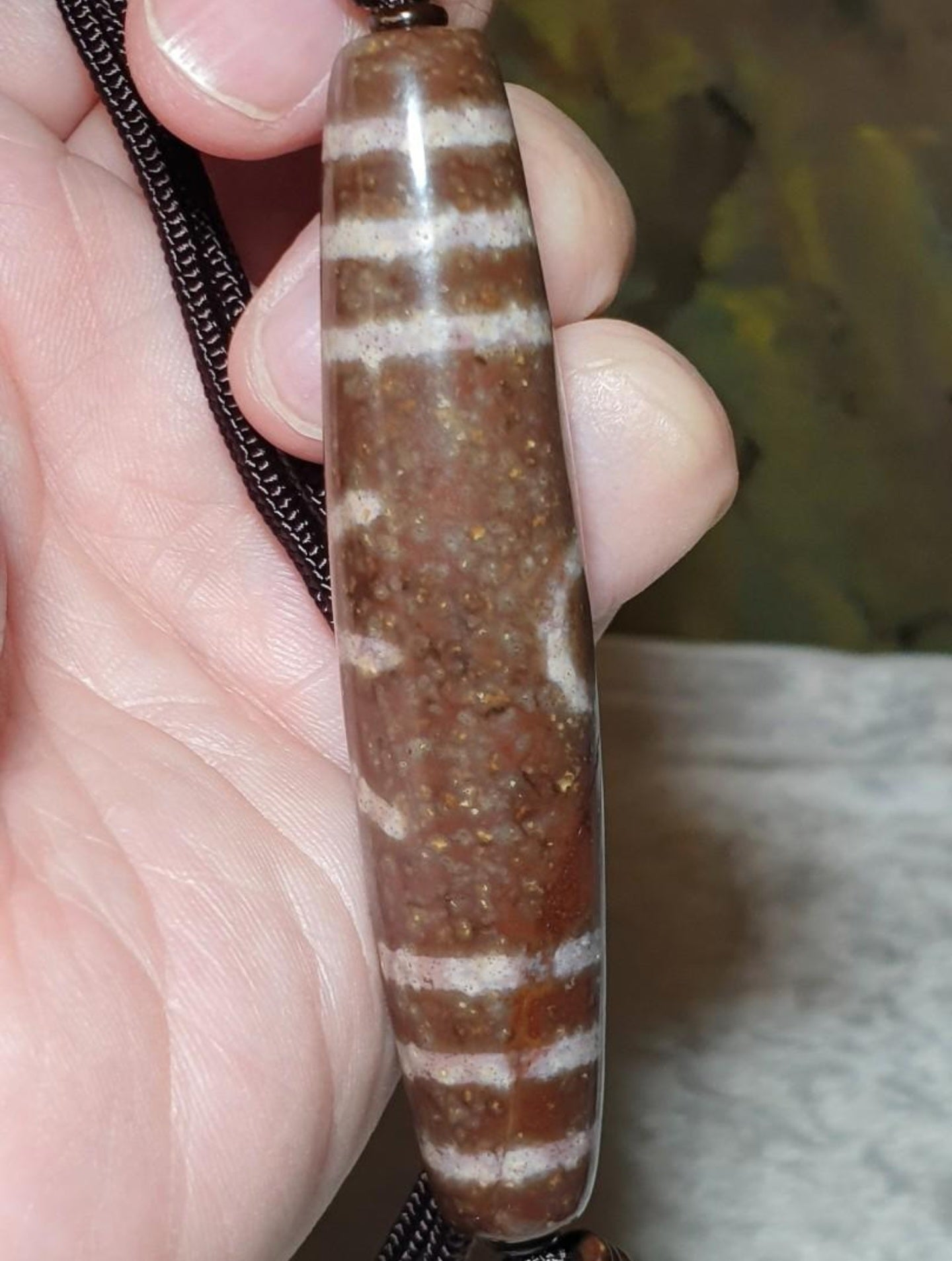 76mm Aged Tibetan Zhang Zhung Natural Eyes Benefactor Savior Dzi pendant with lots of red spots (with certificate) [Natural Crystal] 西藏老矿天眼滿朱砂贵人天珠(带证书)