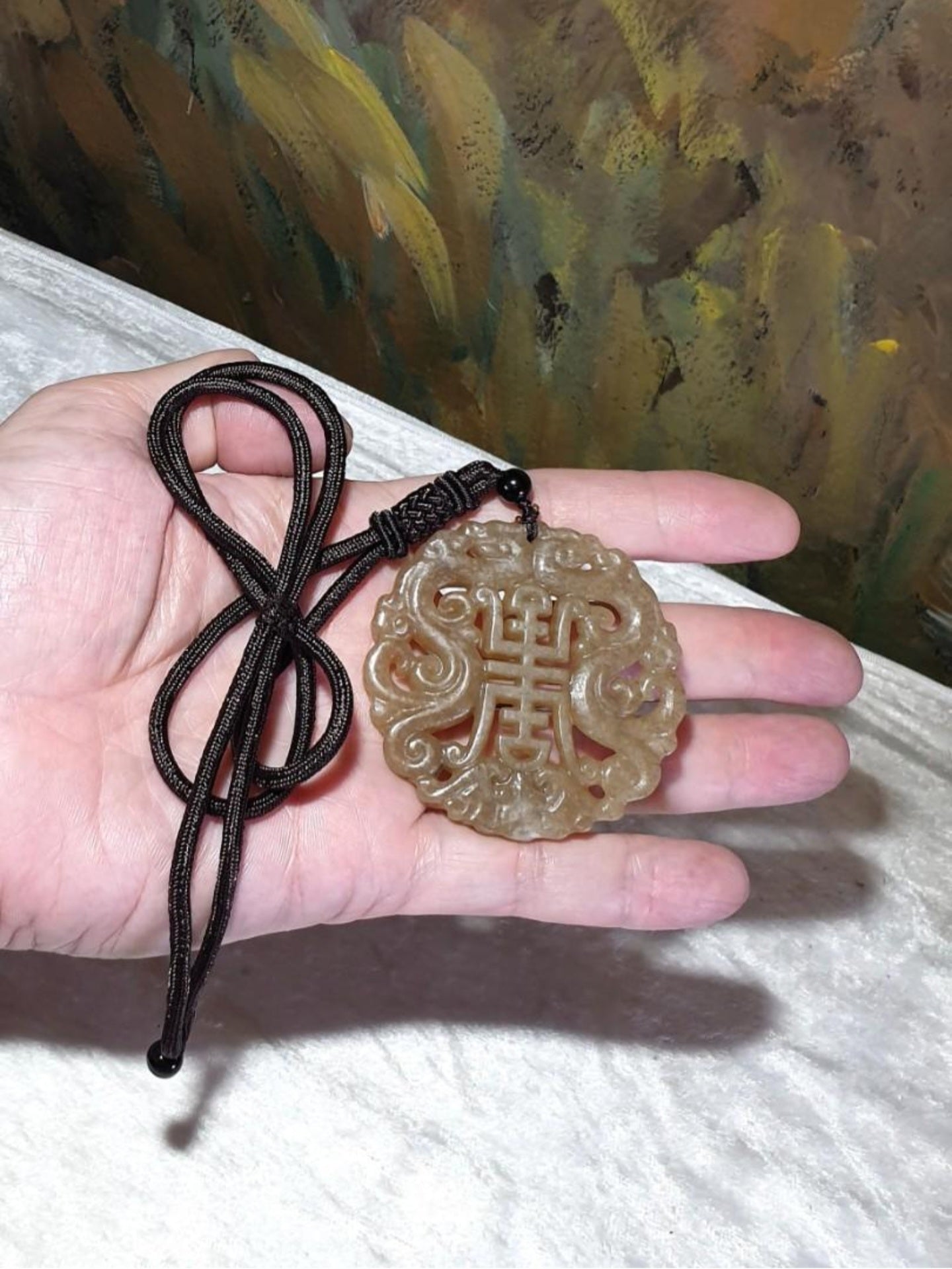 Premium caramel brown Nephrite pendant hollowed out and carved on both sides double dragons, bat and "longevity (寿) in ancient Chinese characters (with certificate) 和田玉且末全糖吊坠(镂空双面刻双龙、蝙蝠与小篆体"寿")(带证书)