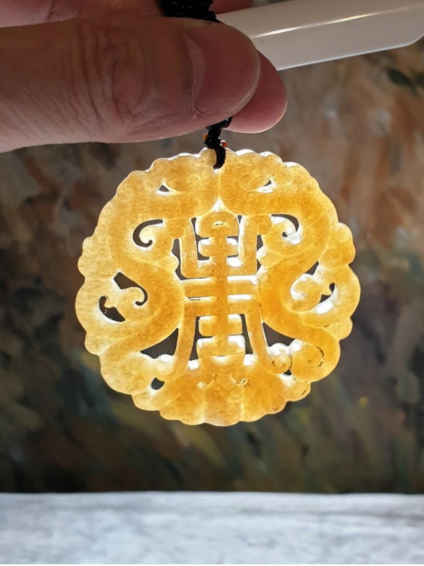 Premium caramel brown Nephrite pendant hollowed out and carved on both sides double dragons, bat and "longevity (寿) in ancient Chinese characters (with certificate) 和田玉且末全糖吊坠(镂空双面刻双龙、蝙蝠与小篆体"寿")(带证书)