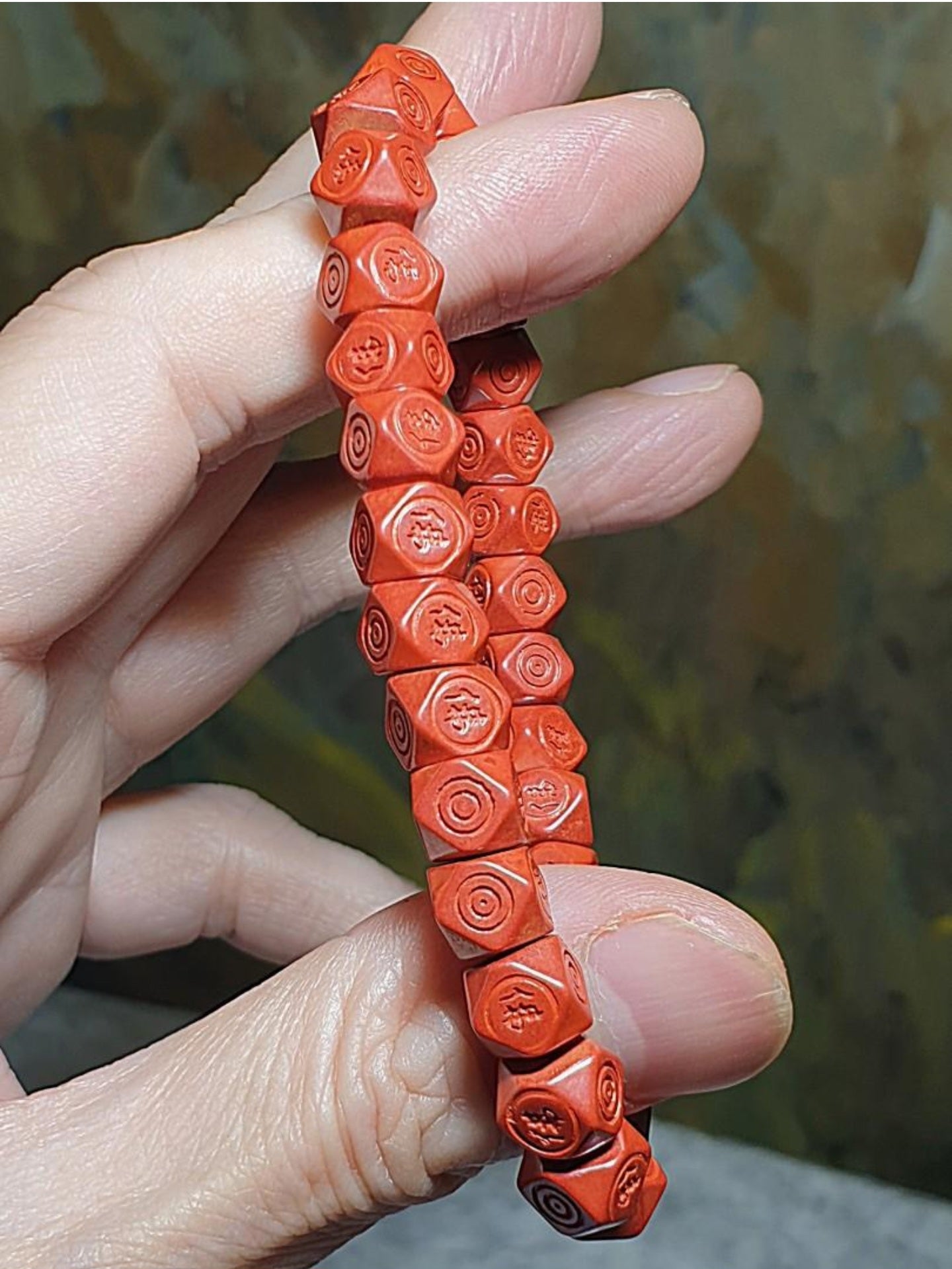 9.1mm purest natural Cinnabar hand carved "Tang Baleng" shape and Chinese Character "Buddha 佛" bracelet [Natural Crystal] 9.1毫米原矿朱砂手工手链雕刻唐八棱双佛字