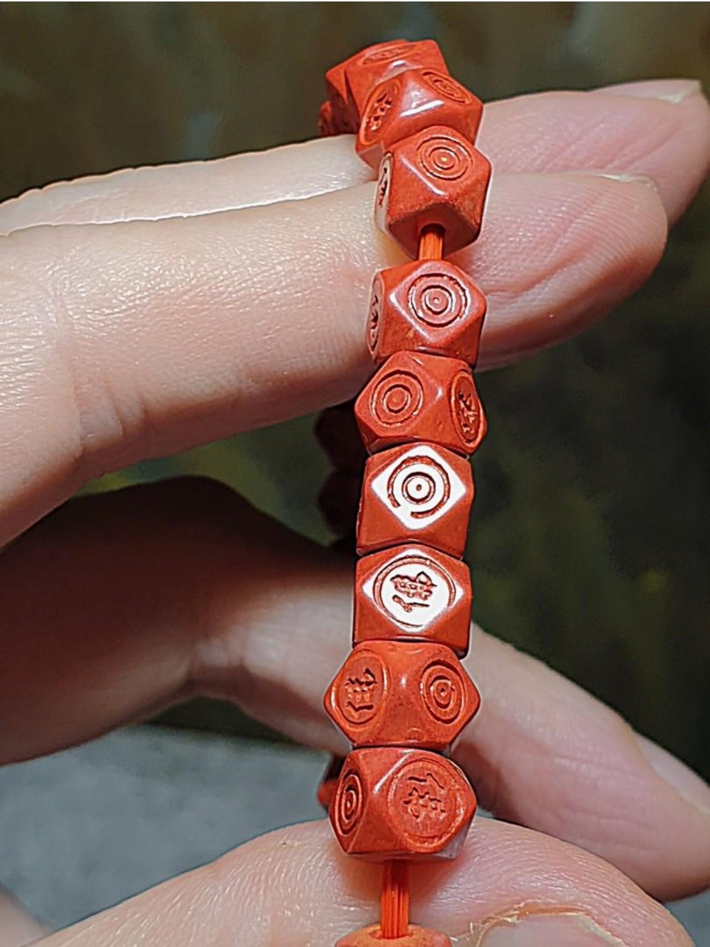9.1mm purest natural Cinnabar hand carved "Tang Baleng" shape and Chinese Character "Buddha 佛" bracelet [Natural Crystal] 9.1毫米原矿朱砂手工手链雕刻唐八棱双佛字