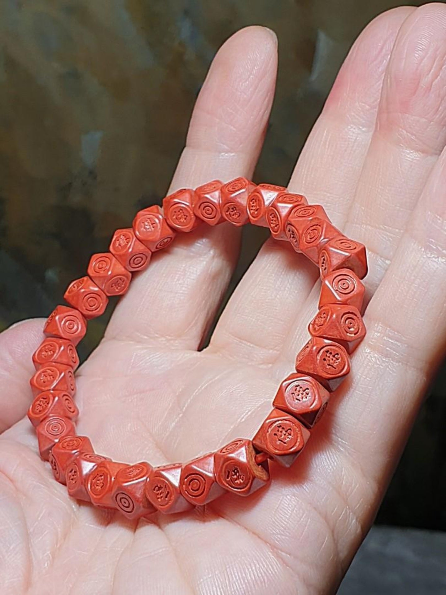 9.1mm purest natural Cinnabar hand carved "Tang Baleng" shape and Chinese Character "Buddha 佛" bracelet [Natural Crystal] 9.1毫米原矿朱砂手工手链雕刻唐八棱双佛字