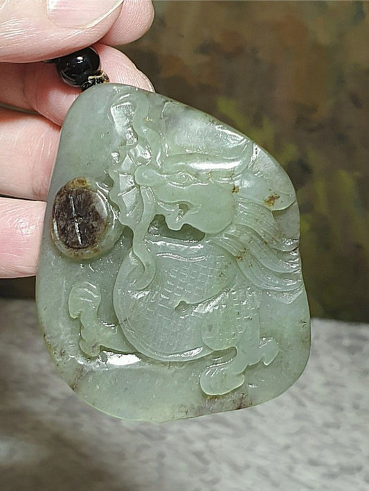 Hetian Pebble Nephrite light green brown "Jade Skin" hand carved Dragon & Copper Coins Jade handheld (with certificate) 和田玉籽玉浅绿黄褐沁手工雕刻龙、铜钱手把(带证书)