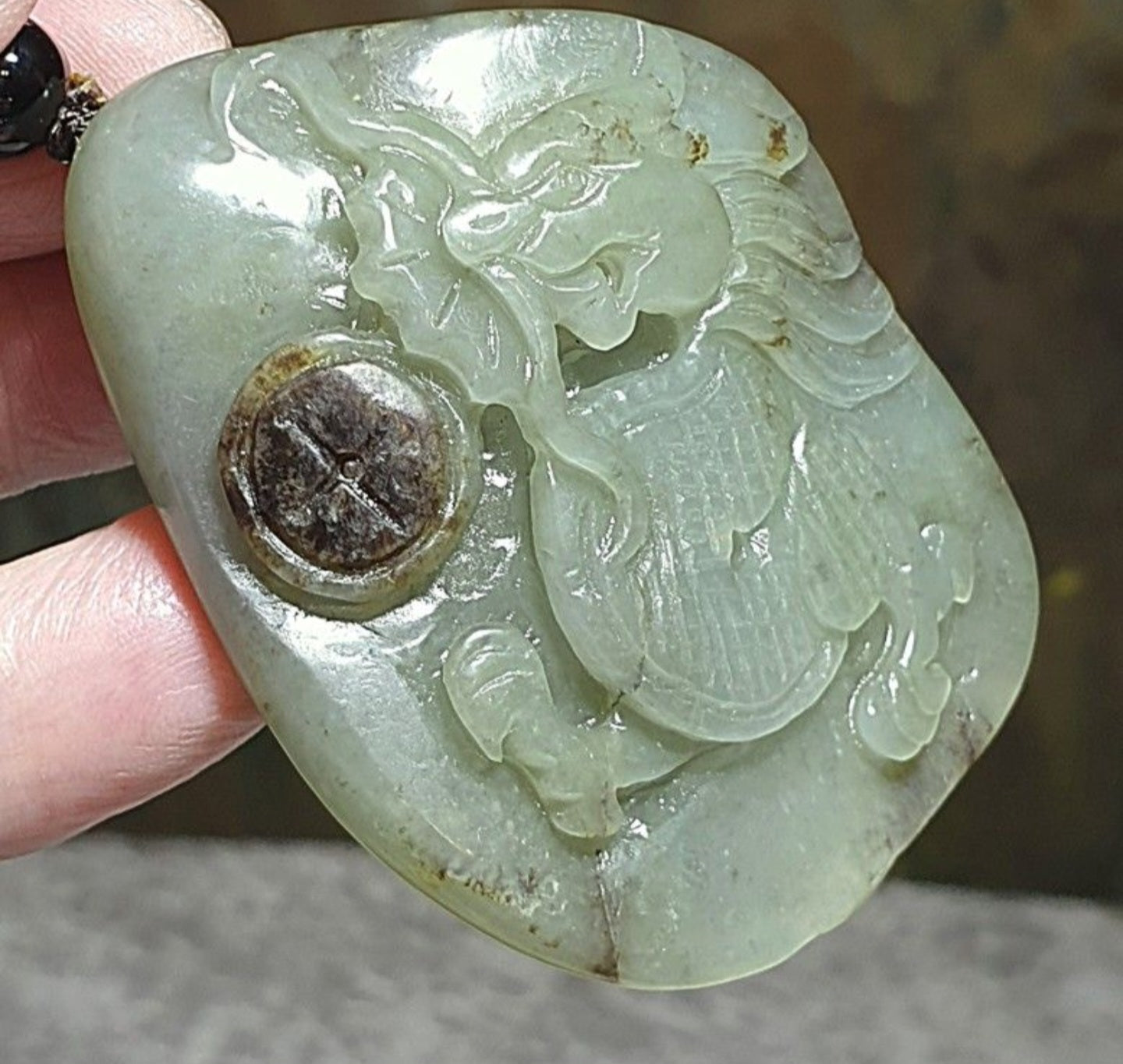 Hetian Pebble Nephrite light green brown "Jade Skin" hand carved Dragon & Copper Coins Jade handheld (with certificate) 和田玉籽玉浅绿黄褐沁手工雕刻龙、铜钱手把(带证书)