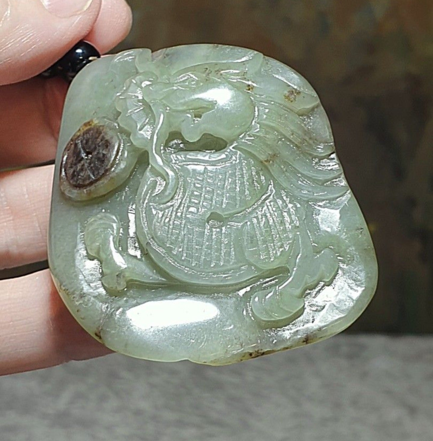 Hetian Pebble Nephrite light green brown "Jade Skin" hand carved Dragon & Copper Coins Jade handheld (with certificate) 和田玉籽玉浅绿黄褐沁手工雕刻龙、铜钱手把(带证书)