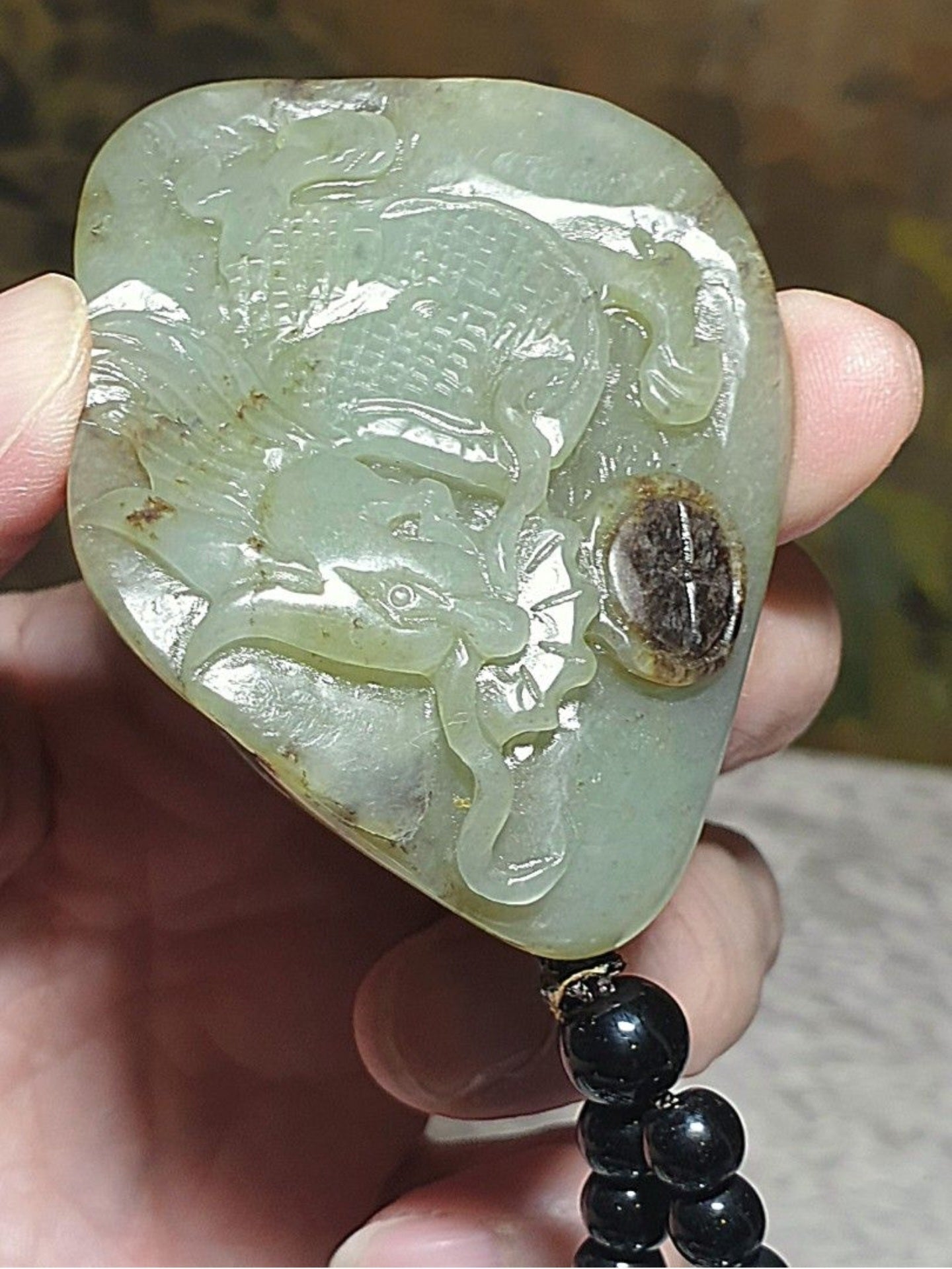 Hetian Pebble Nephrite light green brown "Jade Skin" hand carved Dragon & Copper Coins Jade handheld (with certificate) 和田玉籽玉浅绿黄褐沁手工雕刻龙、铜钱手把(带证书)