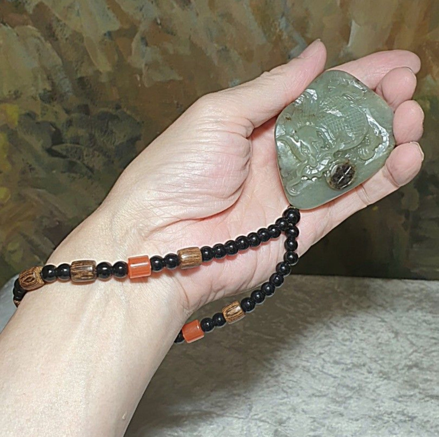 Hetian Pebble Nephrite light green brown "Jade Skin" hand carved Dragon & Copper Coins Jade handheld (with certificate) 和田玉籽玉浅绿黄褐沁手工雕刻龙、铜钱手把(带证书)