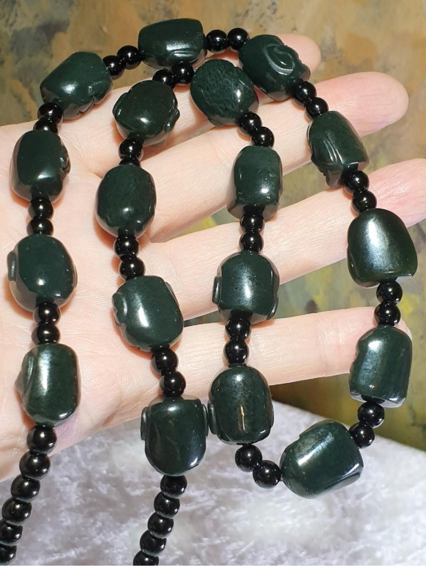 Natural Nephrite deep green 18 Arhats necklace (with certificate) [Natual Crystal] 和田玉深青玉十八罗汉項链(带证书)