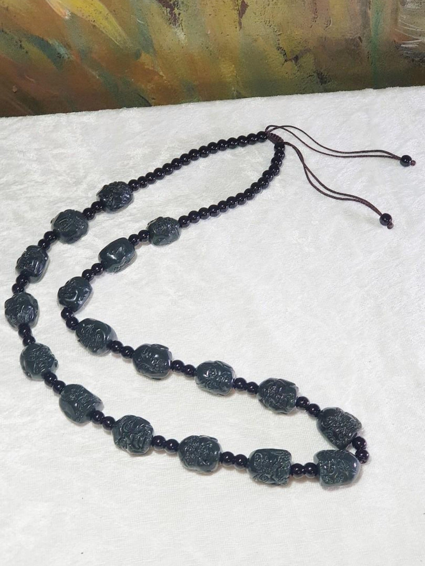 Natural Nephrite deep green 18 Arhats necklace (with certificate) [Natual Crystal] 和田玉深青玉十八罗汉項链(带证书)