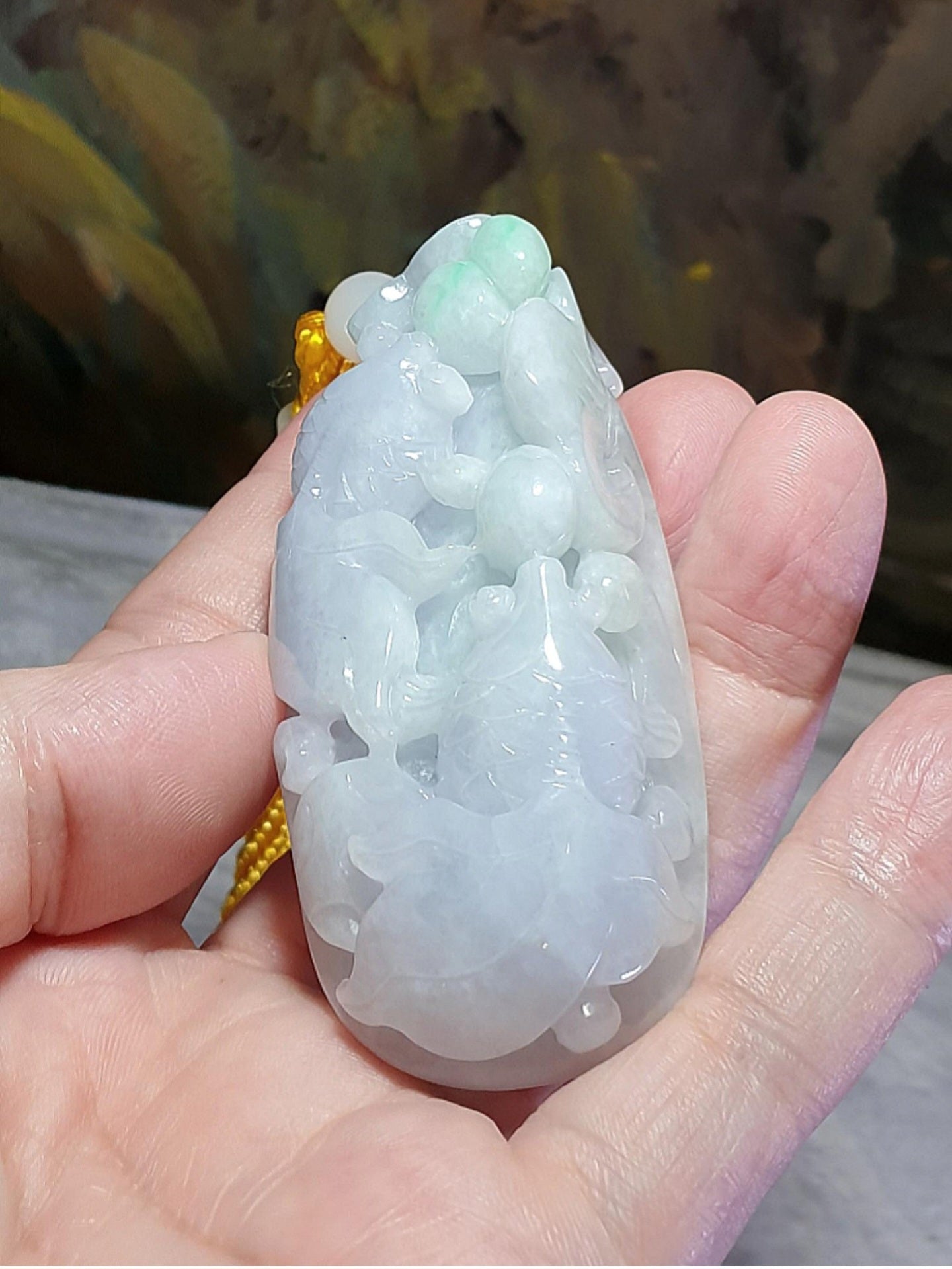 Gegegems Collection premium Type A Jadeite light green light lavender Ruyi & two Goldfish handheld large pendant (with certificate) 精品翡翠淡绿淡紫如意双金鱼手把大吊坠(带证书)
