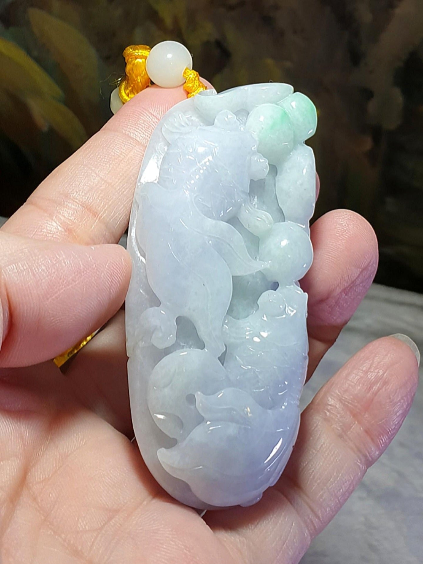 Gegegems Collection premium Type A Jadeite light green light lavender Ruyi & two Goldfish handheld large pendant (with certificate) 精品翡翠淡绿淡紫如意双金鱼手把大吊坠(带证书)