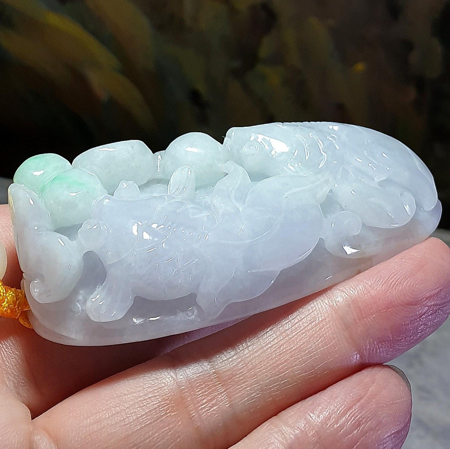 Gegegems Collection premium Type A Jadeite light green light lavender Ruyi & two Goldfish handheld large pendant (with certificate) 精品翡翠淡绿淡紫如意双金鱼手把大吊坠(带证书)