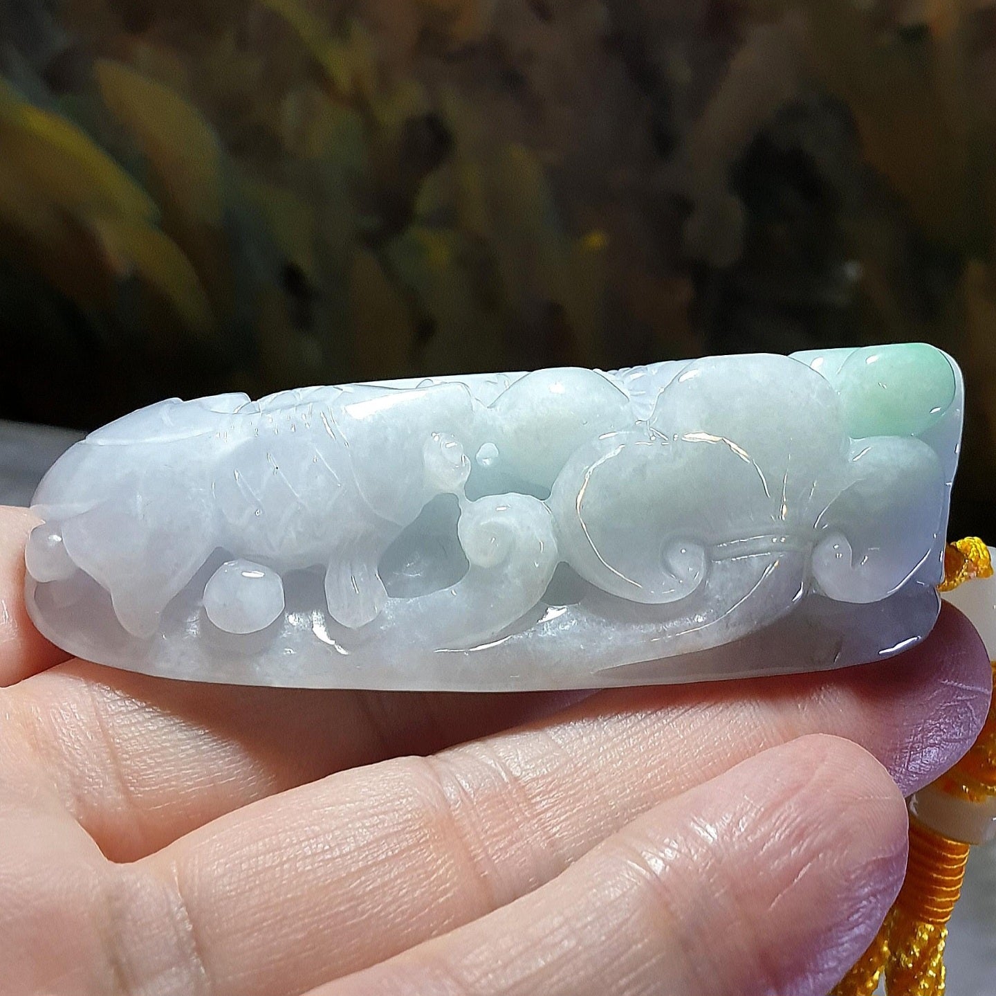 Gegegems Collection premium Type A Jadeite light green light lavender Ruyi & two Goldfish handheld large pendant (with certificate) 精品翡翠淡绿淡紫如意双金鱼手把大吊坠(带证书)