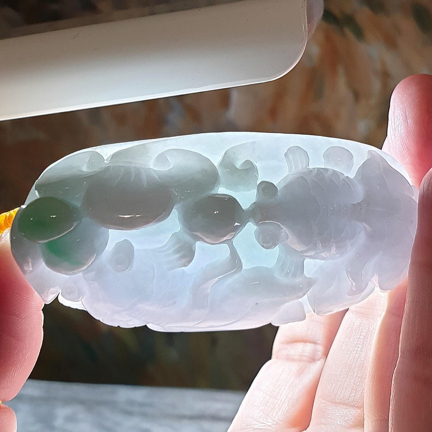 Gegegems Collection premium Type A Jadeite light green light lavender Ruyi & two Goldfish handheld large pendant (with certificate) 精品翡翠淡绿淡紫如意双金鱼手把大吊坠(带证书)