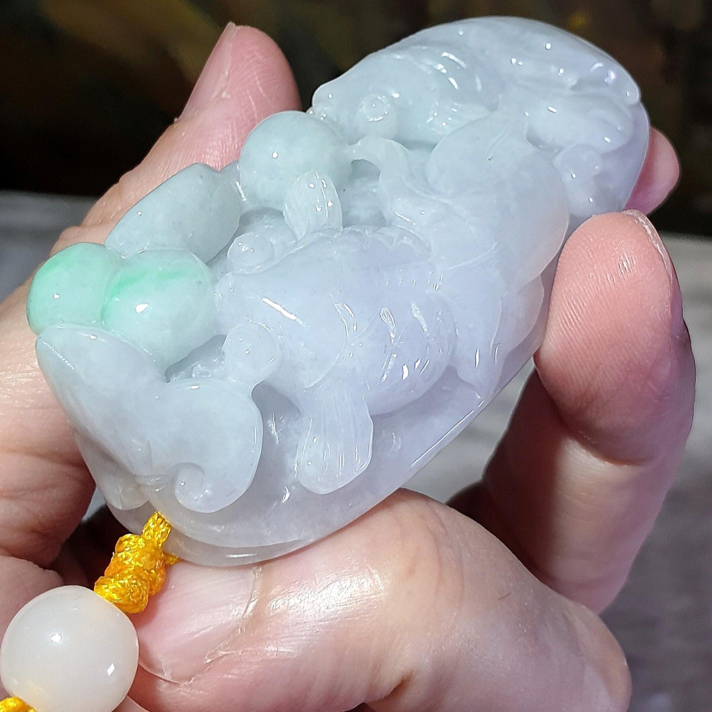 Gegegems Collection premium Type A Jadeite light green light lavender Ruyi & two Goldfish handheld large pendant (with certificate) 精品翡翠淡绿淡紫如意双金鱼手把大吊坠(带证书)