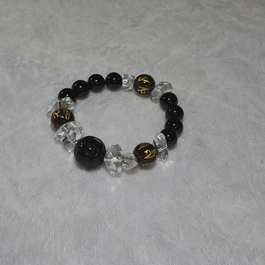 Gegegems Creation 16mm Black Obsidian Longevity, 14mm Smoky Quartz Om Mani Padme Hum, 10mm Black Tourmaline & 14.5mm Clear Quartz bracelet [Natural Crystals]