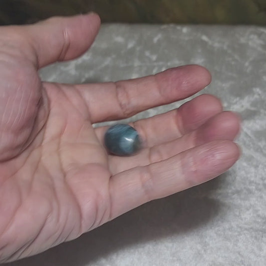 19.5mm Aged Tibetan Xang Xung (Zhang Zhung) Heaven & Earth Da Luo Dzi pendant blue hue red spots (with certificate) 藏传老矿象雄通体蓝沁微透细朱砂天地达洛天珠(带证书)