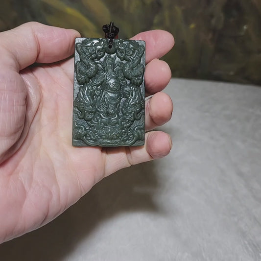 Natural deep green Nephrite Guan Gong (Guan Yu) & Nine Dragons (5 in front, 4 behind) Jade pendant (with certificate) 和田玉深青九龙(前五后四)关公吊坠(带证书)