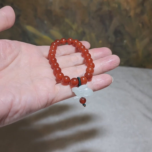 Gegegems Creation 8mm Premium Red Agate and Type A Jadeite carved Rabbit bracelet (Please PM me for other Chinese Zodiac animals charms.)