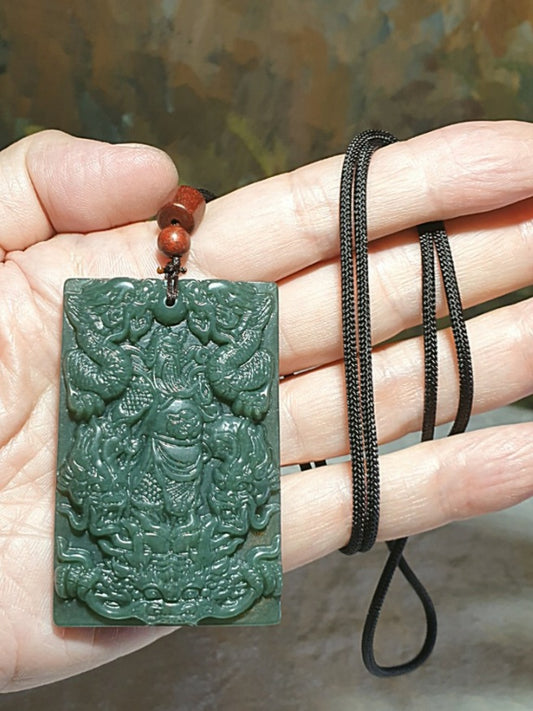 [Limited time promotion. U.P. S$228, now S$198] Natural deep greenish Nephrite Guan Gong (Guan Yu) & Nine Dragons (5 in front, 4 behind) Jade pendant (with certificate) [Natural Crystal] 和田玉深青玉九龙(前五后四)关公吊坠(带证书)