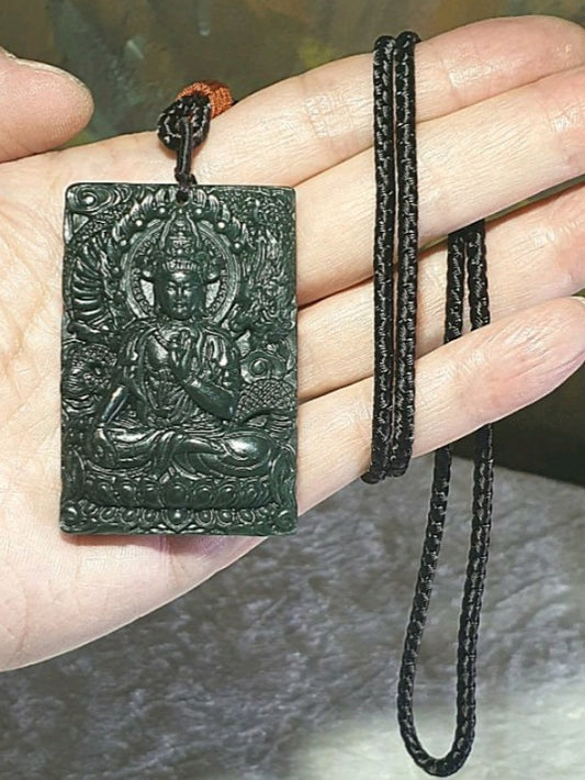 Natural deep greenish Nephrite Green Tara (Guan Yin) & a Dragon Jade pendant (with certificate) 和田玉青玉御龙观音(绿度母)吊坠(带证书)