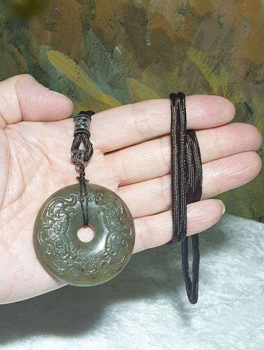 Premium greenish caramel brownish Nephrite large Donut ("Ping An Kou") carved both sides Ancient Beast Heads (Taotie pattern) Pi Xiu Jade pendant (with certificate) [Natural Crystal] 和田玉且末青白糖大平安扣双面浮雕古兽头(饕餮纹)貔貅吊坠(带证书)