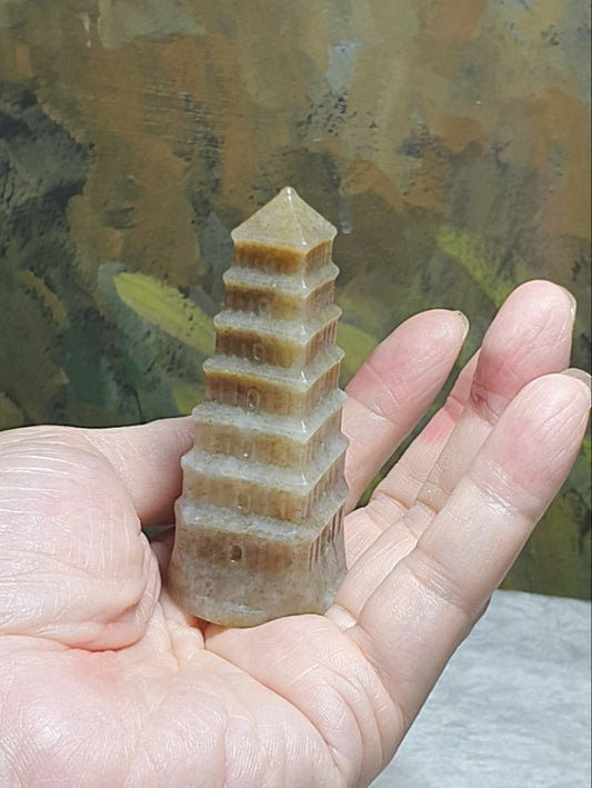 Premium Nephrite caramel brownish whitish 3-dimensional 7 Storeys Pagoda Jade handheld/display (with certificate) [Natural Crystal] 和田玉且末糖白立体文昌塔七级浮屠(七层宝塔)手把/摆件(带证书) 庄严古朴  无量功德