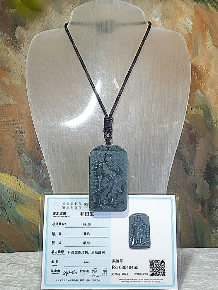 Premium natural deep greenish Nephrite double sides carvings Guan Gong (Guan Yu) pendant/handheld (with certificate) [Natural Crystal] 和田玉塔青深绿双面雕刻忠义护国关公吊坠/手把(带证书) ~~~ 神威遠鎮協天護國, 心昭日月忠義千秋。