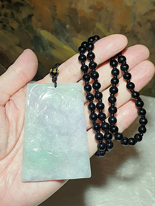 Type A Jadeite light green with a hint of purplish double sides carved  Guan Gong (Guan Yu), Dragon, Chinese Character "Righteousness" Jade pendant (with certificate) [Natual Crystal] 淡绿微紫翡翠双面雕刻关公(正面雕带刀关工、龙、义字; 背面刻义字)吊坠(带证书)